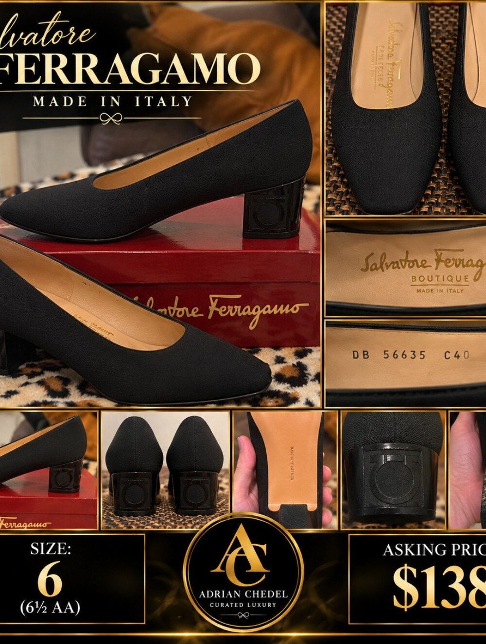 Salvatore Ferragamo Black Fabric Low Block Heel Pumps